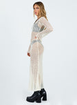 Long sleeve maxi dress Soft crochet material Sheer design Wide neckline Flared sleeve  Slight stretch Unlined 