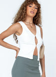 White top Delicate knit material  Wear with care  V neckline  Hook & eye front fastening 