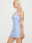 Blue mini dress lace trimmings square neckline