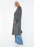 Long coat Lapel collar, button fastening at front, front pockets