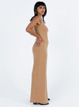 Brown maxi dress Ribbed material Scooped neckline High leg slit Good stretch Unlined 