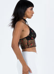 Black crop top Mesh material Floral embellishments  Elasticated shoulder straps Plunging neckline Invisible zip fastening at side Good stretch Lined bust