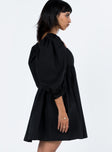 Black mini dress Puff sleeve Square neckline Shirred band at back Ruching at waist