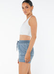 High rise shorts Elasticated waistband, tie fastening drawstring, fixed rolled hem, twin hip pockets