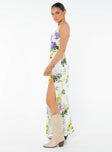 V-neck maxi dress, slim fitting, floral print Fixed shoulder straps, invisible zip fastening at back, high leg slit 