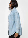 Oversized denim shacket, light wash denim Classic collar, press clip fastening down front, twin chest pockets, single button cuff