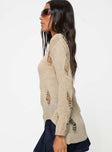 Distressed sweater, slim-fitting  Wide neckline, cut-out hem