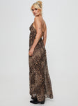 Leopard print maxi dress V-neckline, adjustable shoulder straps with tie fastening, invisible zip fastening at side, tiered design