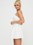 Mini dress Sweetheart neckline, ruched bust, boning throughout, adjustable shoulder straps, invisible zip fastening at back 