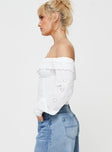 Off-the-shoulder long sleeve top, anglaise material Folded neckline, button detail, invisible zip fastening at side, twin button cuff Non-stretch, fully lined 