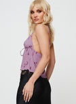 Crop top, crinkle material  Halter neck tie fastening, tie fastening at bust, open front 