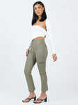 Cargo pants High waisted Zip & clasp fastening  Belt looped waist  Six pocket design Straight leg 