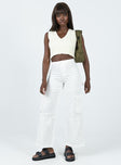 Cargo pants Belt looped waist Twin back pockets Cargo style leg pockets Zip & button fastening High waisted Wide leg