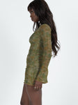 Long sleeve mini dress Mesh material Paisley print High neckline Flared sleeve  Good stretch Partially lined