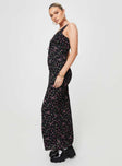 Floral print maxi dress V-neckline, fixed shoulder straps, tie detail at bust, invisible zip fastening Non-stretch material, partially lined