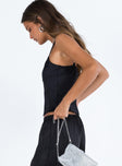 Black crop top Silky material Adjustable shoulder straps Scooped neckline Non stretch Lined bust