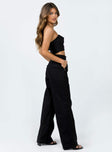 Matching set Linen look material Strapless crop top Inner silicone strip at bust Folded neckline Zip fastening at back Wide leg pants Zip & hook fastening Twin hip pockets