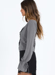 Grey long sleeve top Sheer design  Wide neckline  Detailed trimming  Button front fastening  Tie fastening at cuffs