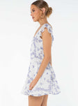 Floral mini dress Frill sleeve. square neckline, invisible zip fastening at side, waist tie Non-stretch, fully lined 