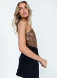 Brown strapless bodysuit Faux leather material  Sweetheart neckline  Boning through front Invisible zip fastening at back  Fabric bottom Cheeky cut bottom  Press clip fastening at base 