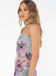 Floral print cami top, mesh material Adjustable shoulder straps Good stretch, mesh lined bust