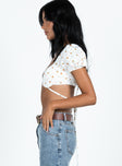 Crop top Floral print Puff sleeve  Wired cups Open back with clasp and tie fastening