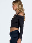 Black long sleeve top Off the shoulder design Halter neck tie fastening Scooped neckline Good stretch Fully lined