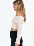 Long sleeve top Knit material Off the shoulder design Good stretch Unlined