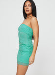 Matching lace set Strapless top, elasticated band at bust, asymmetric hem Low rise mini skirt