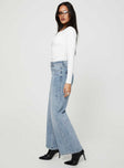 Wide leg jeans mid-wash denim Belt looped waist five pocket design zip and button fastening