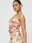 Floral print crop top Scooped neckline, adjustable shoulder straps Good stretch, unlined, sheer