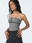 Corset top Pinstripe print Inner silicone strip at bust Ruched bust Invisible zip fastening at back Boning through front