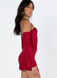 Red mini dress Silky material Off the shoulder design Inner silicone strip at bust Invisible zip fastening at back Fixed sleeves at side