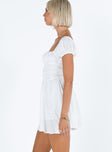 White mini dress Cupro material Puff sleeve Square neckline Ruching throughout Invisible zip fastening at back