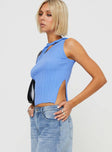 Ribbed knit top Twist detail at neckline, split hem Good stretch, unlined 