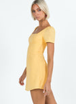 Yellow mini dress Square neckline Inner silicone stripe at bust and shoulders Invisible zip fastening at back 