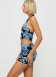 Floral two-piece set V-neckline top, halter style, mini skirt, wrap tie fastening detail, elasticated waistband