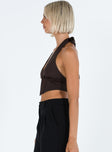 Crop top Sheer mesh material  Halter neck tie fastening  Plunging neckline Boning through waist  Good stretch   Lined bust 