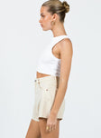 Denim shorts High waisted  Zip & button fastening  Classic five-pocket design  Belt looped waist  Ripped legs  Raw edge hem 