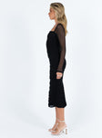 Black long sleeve midi dress Mesh material Sheer sleeves Elasticated shoulders Fixed ruching down sides Invisible zip fastening at back Slit at back Good stretch Fully lined