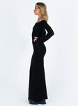 Long sleeve maxi dress Knit material Off the shoulder design Wide neckline Slightly flared cuff