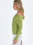 Green sweater Ribbed knit material Off the shoulder design Folded neckline Good stretch Unlined 