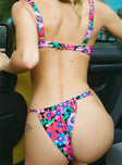 Bikini bottoms Floral print Thin sides Adjustable coverage Cheeky cut bottoms