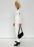 White long sleeve maxi dress High neck Low back Slit at back Good stretch Partially lined