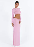 Pink matching set Long sleeve crop top High neckline Ruched detail at shoulder Low back Maxi skirt Mid rise Good stretch Fully lined 