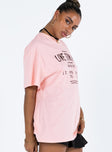 Pink tee Graphic print  Drop shoulder  Good stretch Unlined 