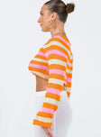 Long sleeve knit top Knit material Striped design Wide square neckline Flared sleeve