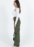 Olive green cargo pants Drawstring waist Twin hip pockets Straight leg Extra cargo style leg pockets Drawstring cuff Non-stretch Unlined