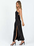 Black maxi dress Silky material Adjustable shoulder straps V-neckline Invisible zip fastening at side Low back Front slit