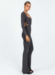 Grey long sleeve jumpsuit Ribbed material Square neckline Cut out at back with tie fastening Good stretch Partially lined